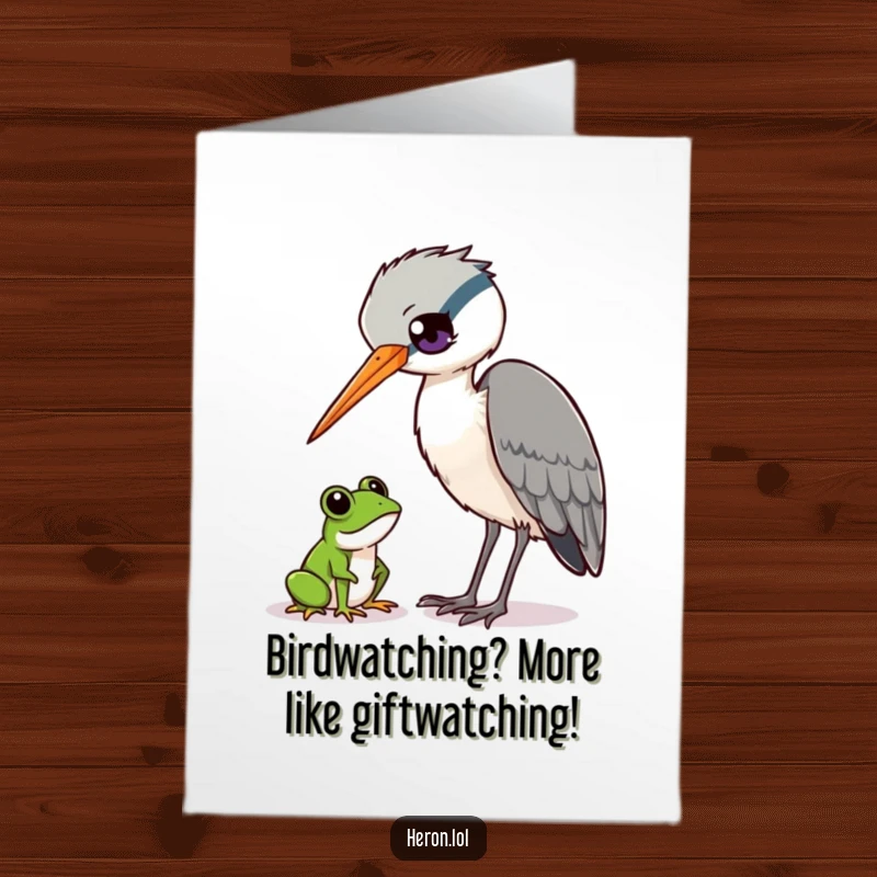 Funny Free Printable Birthday Card showing a curious heron tilting its head observing a tiny frog, perfect for a nature lover.