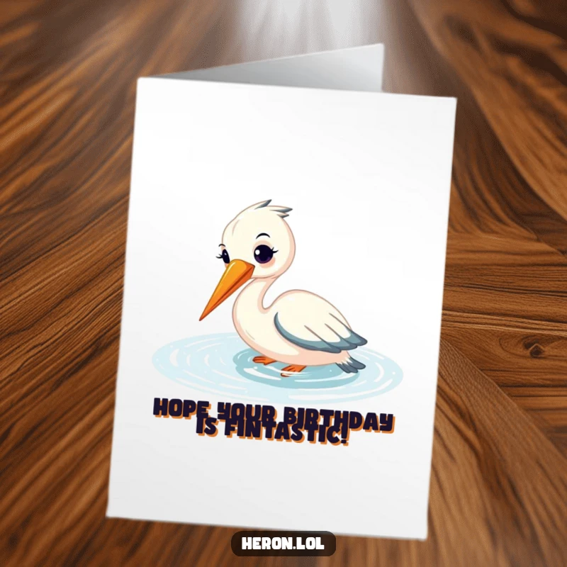 Funny Free Printable Birthday Card: Smiling heron gracefully fishes with its beak submerged in shimmering water, happy birthday!