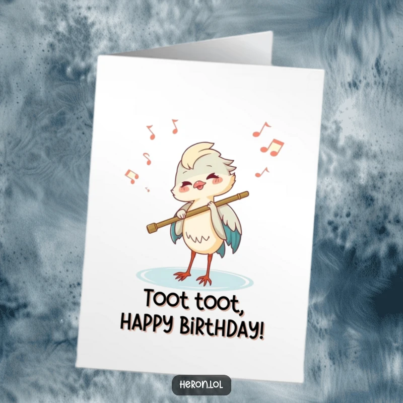 Funny Free Printable Birthday Card: A happy heron joyfully plays a flute made of a reed, with musical notes floating.