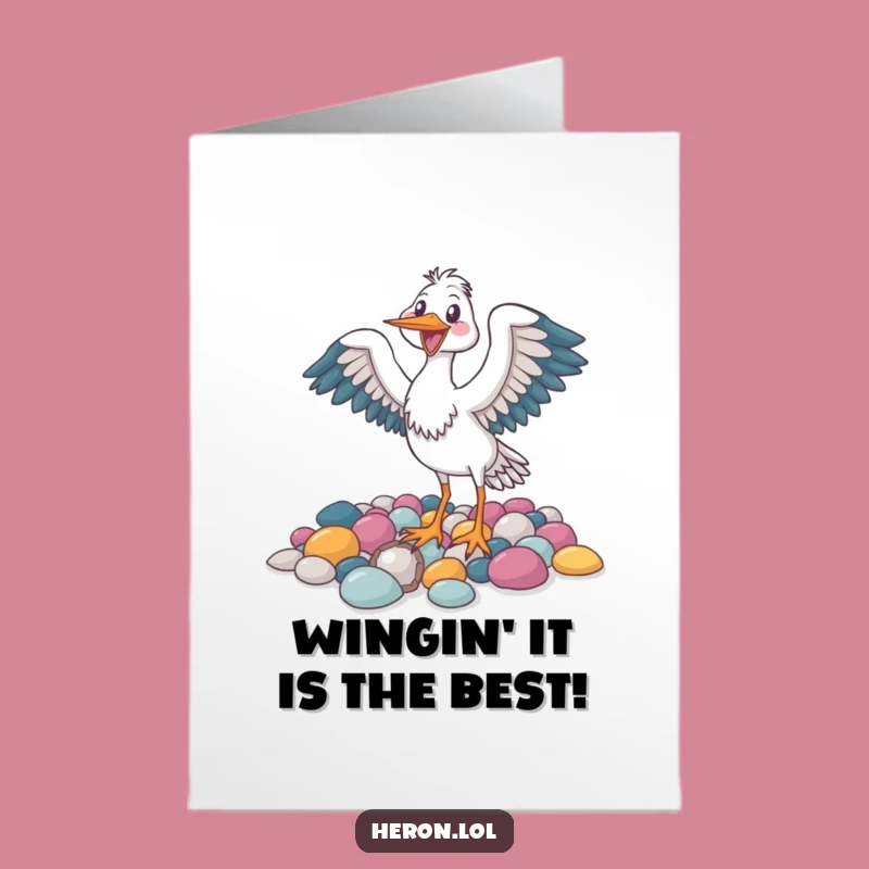Free Printable Birthday Card: Joyful Heron, Colorful Pebbles, Funny Downloadable Gift