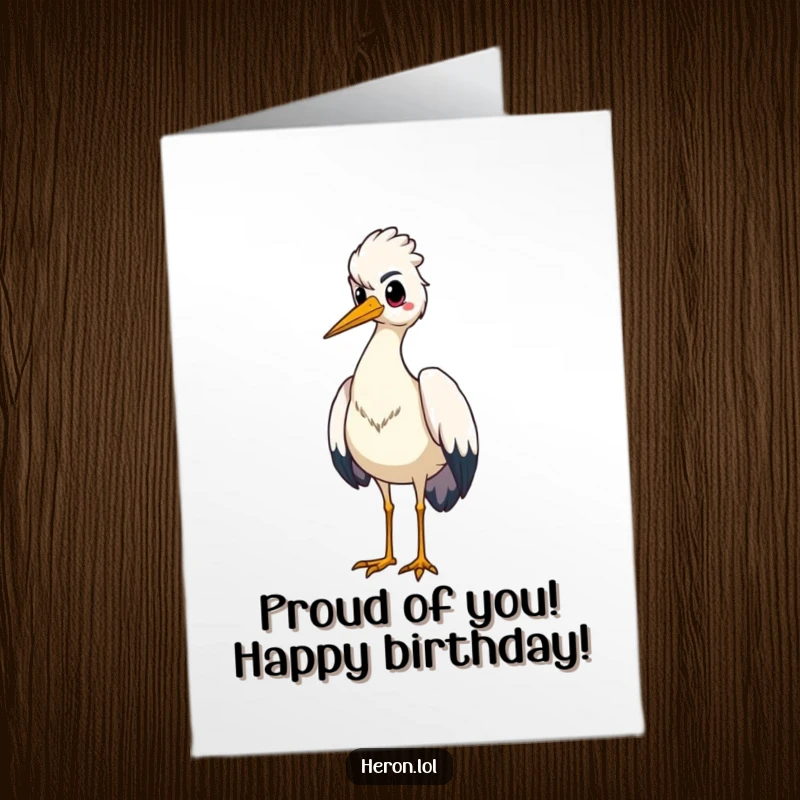 Funny Free Printable Birthday Card depicting a proud heron bird standing tall with its chest puffed out confidently.