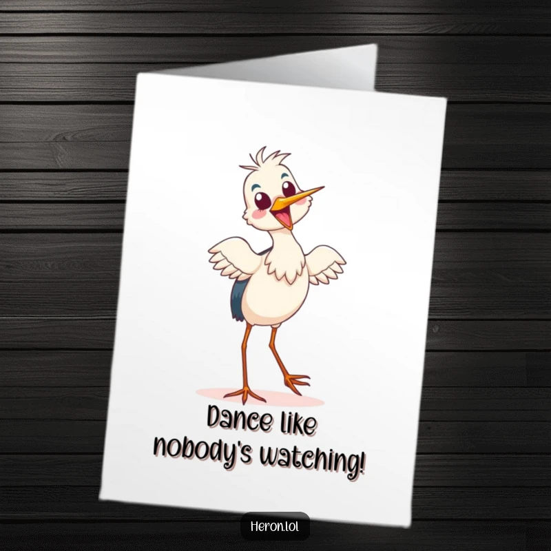 Funny Free Printable Birthday Card: A delighted heron performs a comical tiptoe dance, full of joy and playful energy.