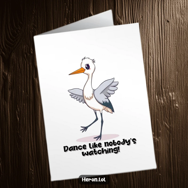 Funny free printable birthday card of a heron doing a joyful, silly tiptoe dance with a huge smile.