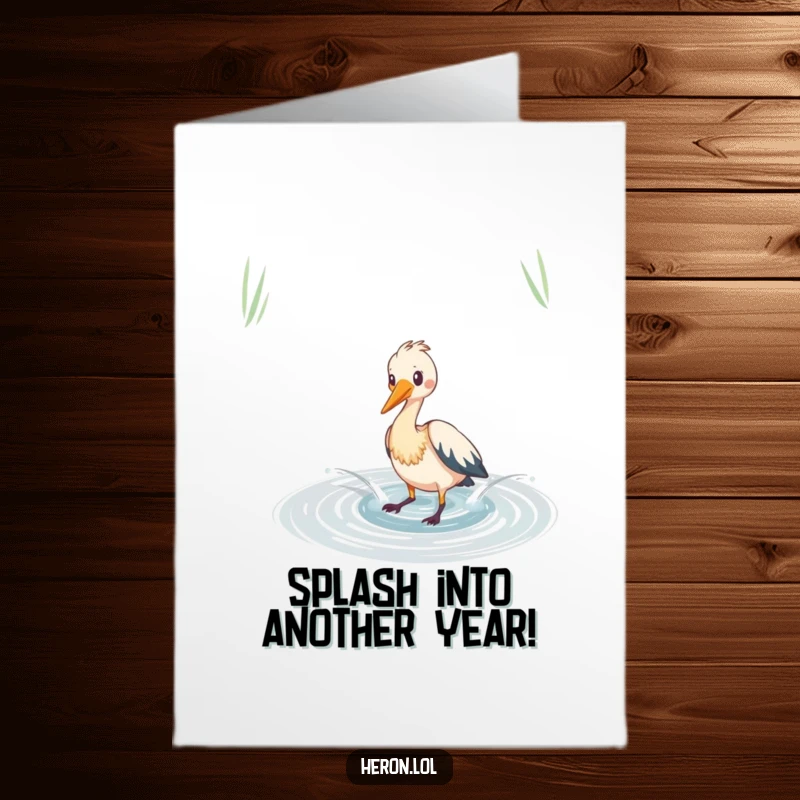 Funny free printable heron birthday card, a heron bird playfully splashes in a shimmering pond, joyful artwork.