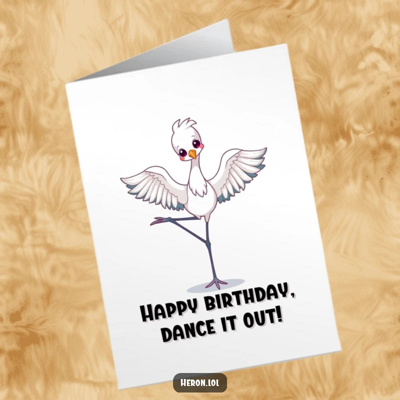 Funny Free Printable Birthday Card: Adorable kawaii heron balances elegantly in a ballet pose on one leg.