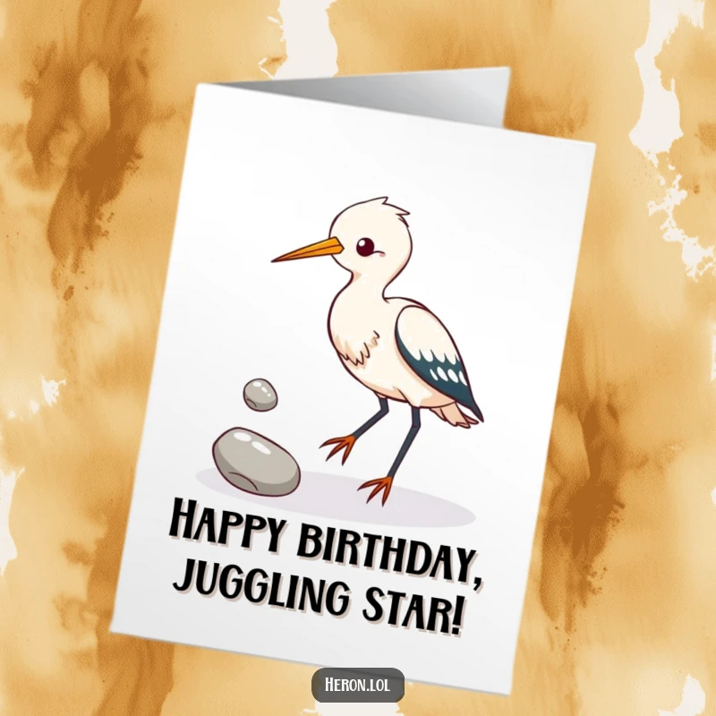 Funny Free Printable Birthday Card: Heron bird hilariously struggling to juggle shiny pebbles with its feet, a unique DIY gift.