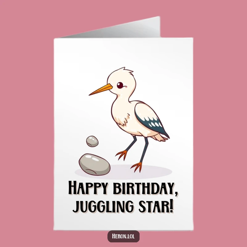 Free Printable Birthday Card: Juggling Heron, Funny Downloadable Gift for a Skillful Celebration
