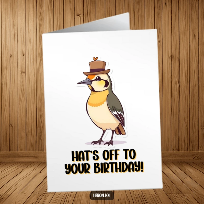 Funny Free Printable Birthday Card: A small bird proudly stands tall wearing a jaunty, miniature hat, exuding adorable confidence.