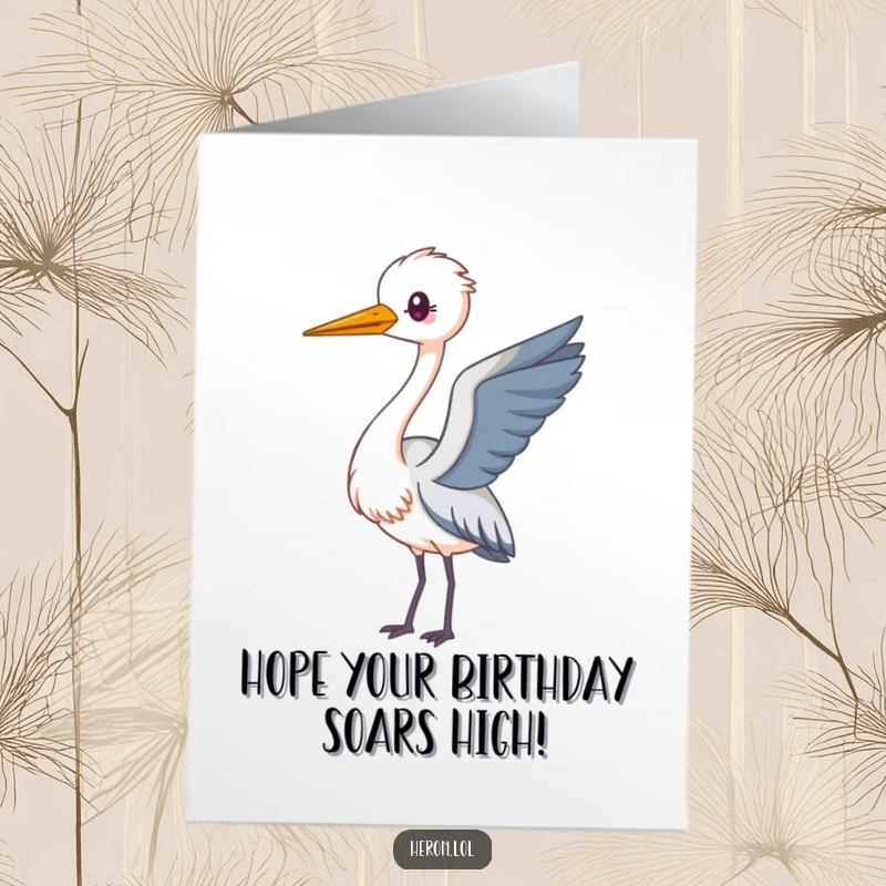 Funny Free Printable Birthday Card: A kawaii heron with a long neck playfully loops in the air. Adorable downloadable greeting.