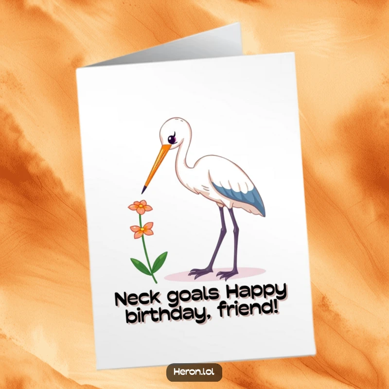 Funny Free Printable Birthday Card: Kawaii heron bird with long neck reaching for a tiny flower.