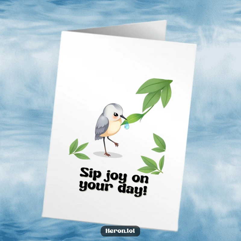 Funny Free Printable Birthday Card: A heron delicately pecks at a single, perfect dewdrop resting on a green leaf.