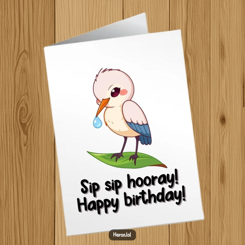 Funny Free Printable Birthday Card illustrating a playful heron bird delicately dipping its beak into a glistening dewdrop on a leaf.