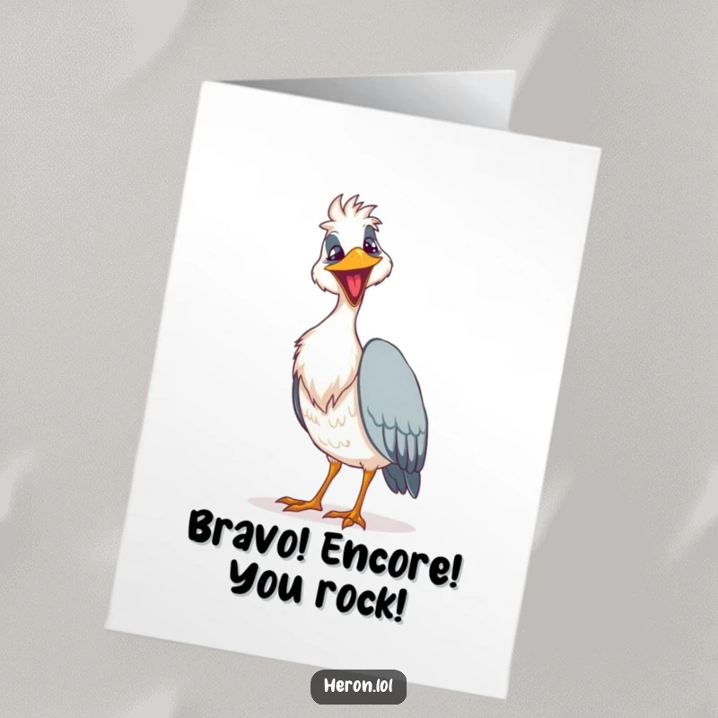 Funny free printable heron congratulations card, a heron bird with a goofy grin singing loudly, celebratory art.