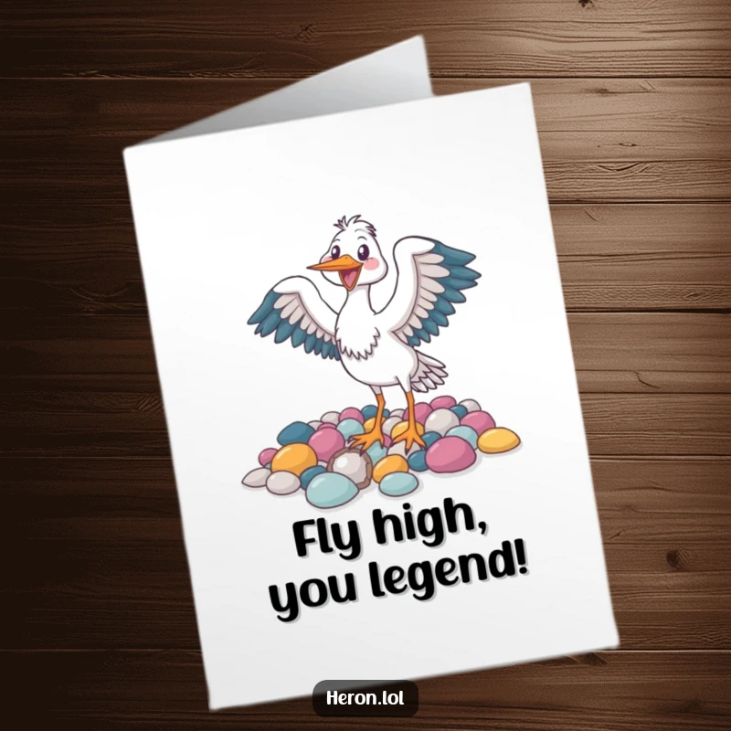 Funny Free Printable Congratulations Card: A joyful heron bird energetically flapping its wings near bright pebbles.