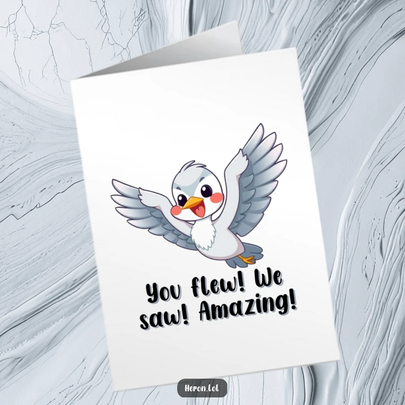 Funny Free Printable Congratulations Card: A happy heron vigorously flapping flippers, hilariously pretending to fly.