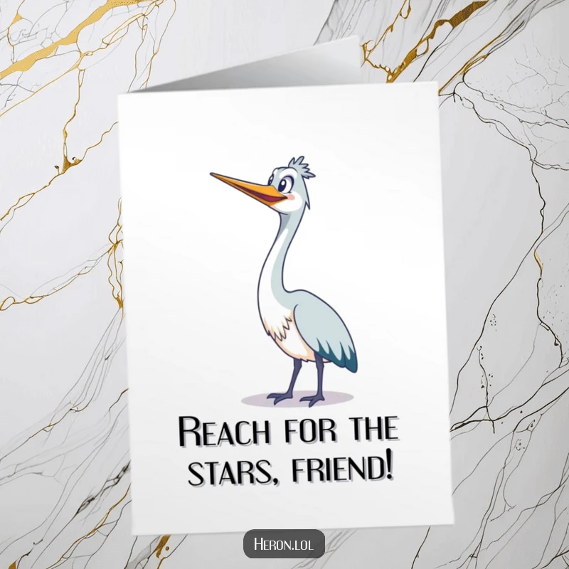 Funny Free Printable Congratulations Card: A happy heron stretches its long neck upwards, grinning broadly at success.