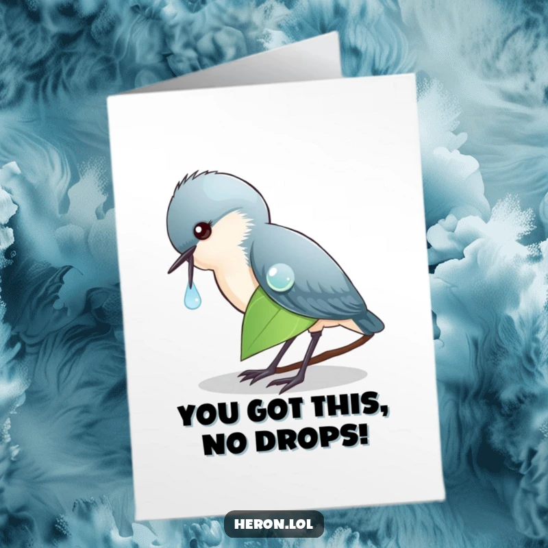 Funny Free Printable Congrats Card: Elegant heron finds delight in a dewdrop, symbolizing achievement and refined humor.