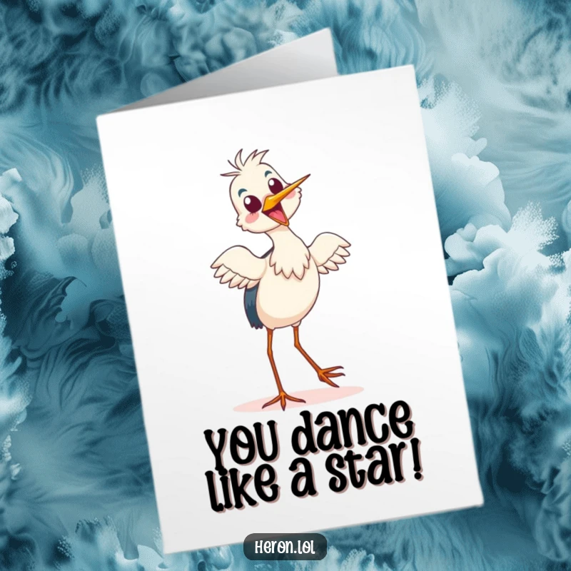 Funny Free Printable Congrats Card: A happy heron is caught mid-tiptoe dance, expressing pure delight and celebratory silliness.