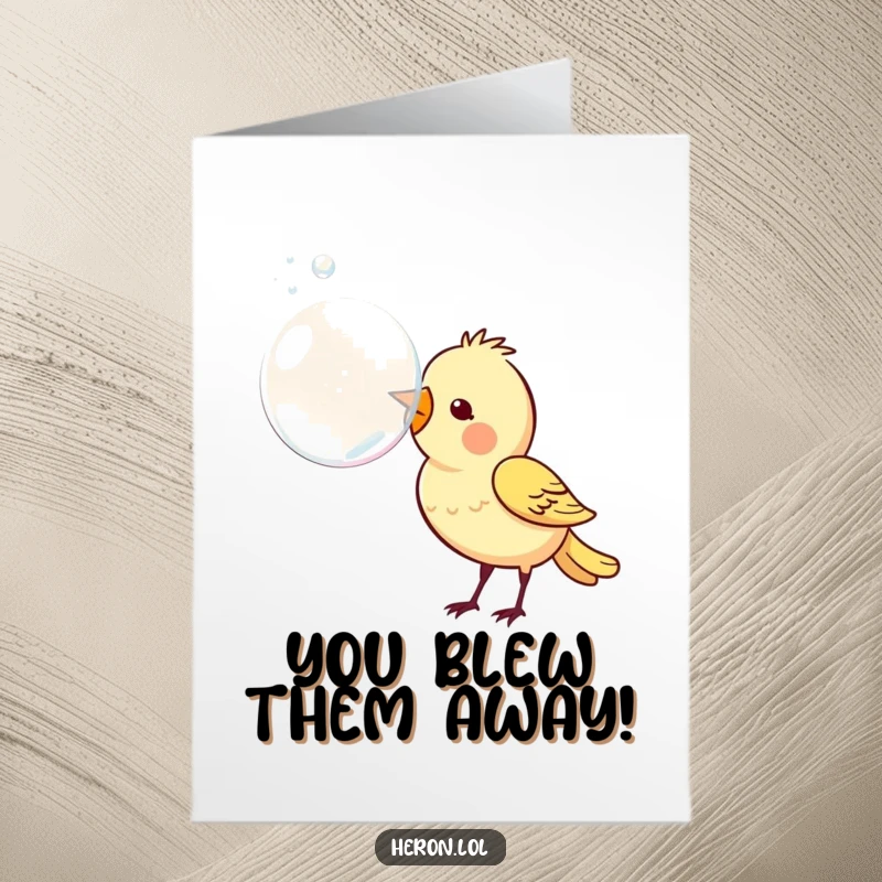 Funny free printable congratulations card with a bird joyfully blowing a large bubble, symbolizing bursting success.