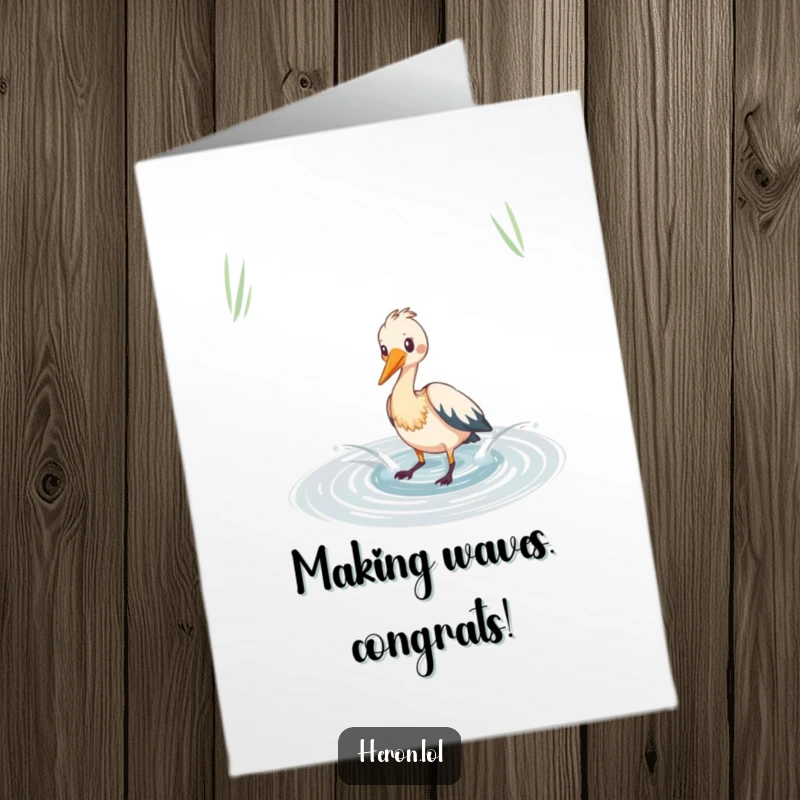 Funny free printable heron congratulations card, a heron bird playfully splashes in a small pond, celebratory art.
