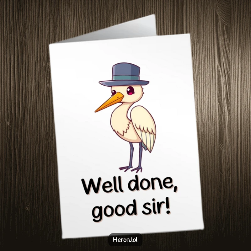 Funny Free Printable Congrats Card: A heron in a tiny hat politely tips it to acknowledge success.