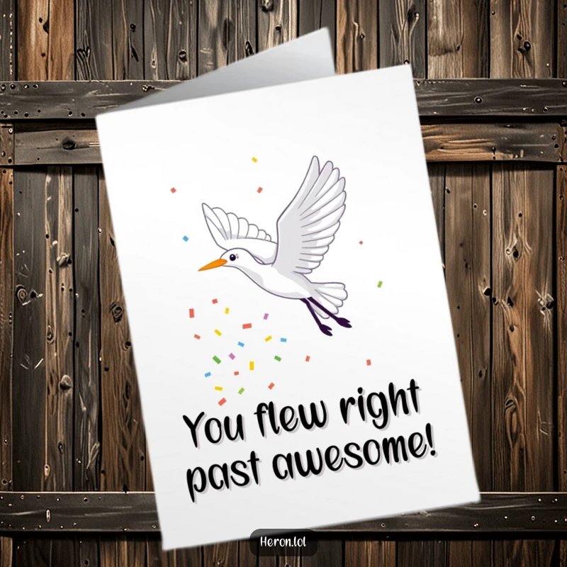 Funny Free Printable Congratulations Card featuring a happy heron flying joyfully amidst a shower of colorful confetti.