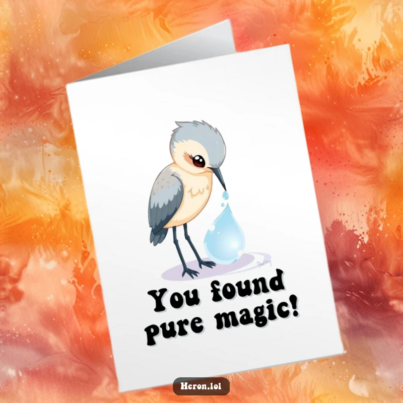 Funny free printable congratulations card featuring a curious heron bird peering into a magical dewdrop, celebrating with whimsical humor.