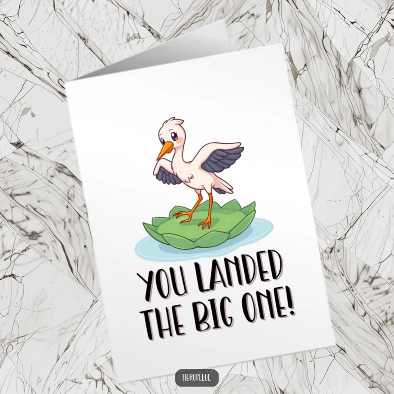 Funny free printable congratulations card showing a delighted heron bird gracefully landing on a lily pad, celebrating success with nature's charm.