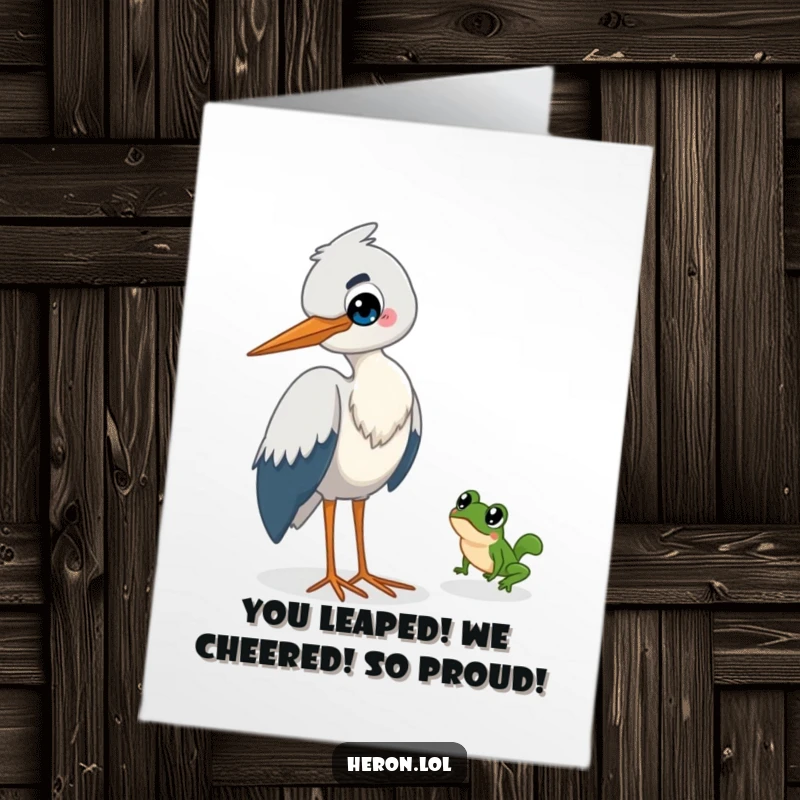 Funny Free Printable Congratulations Card: Mischievous heron with a grin watches a frog leap away, a humorous celebration.
