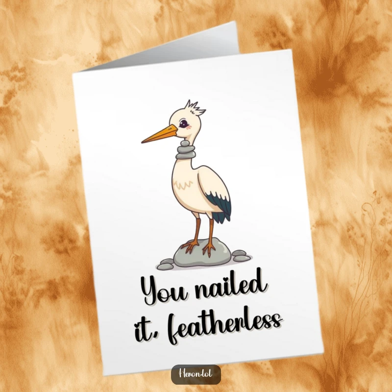 Funny Free Printable Congratulations Card showcasing a determined heron expertly balancing a precarious stack of pebbles on its beak.