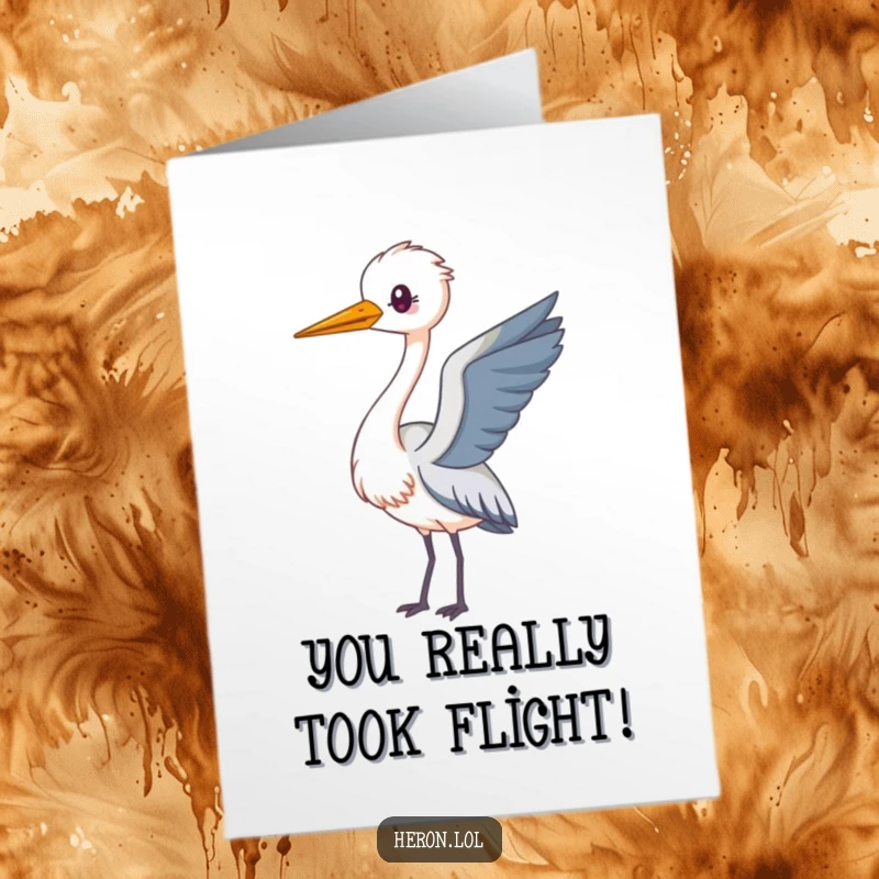 Funny Free Printable Congratulations Card: A kawaii heron with a long neck playfully loops in the air. Adorable downloadable card.