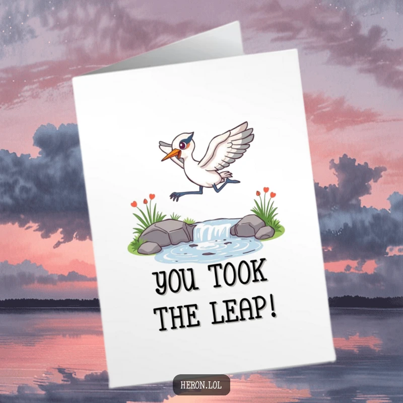 Funny Free Printable Congratulations Card depicting a heron leaping energetically over a sparkling stream, a perfect downloadable celebration of achievement.