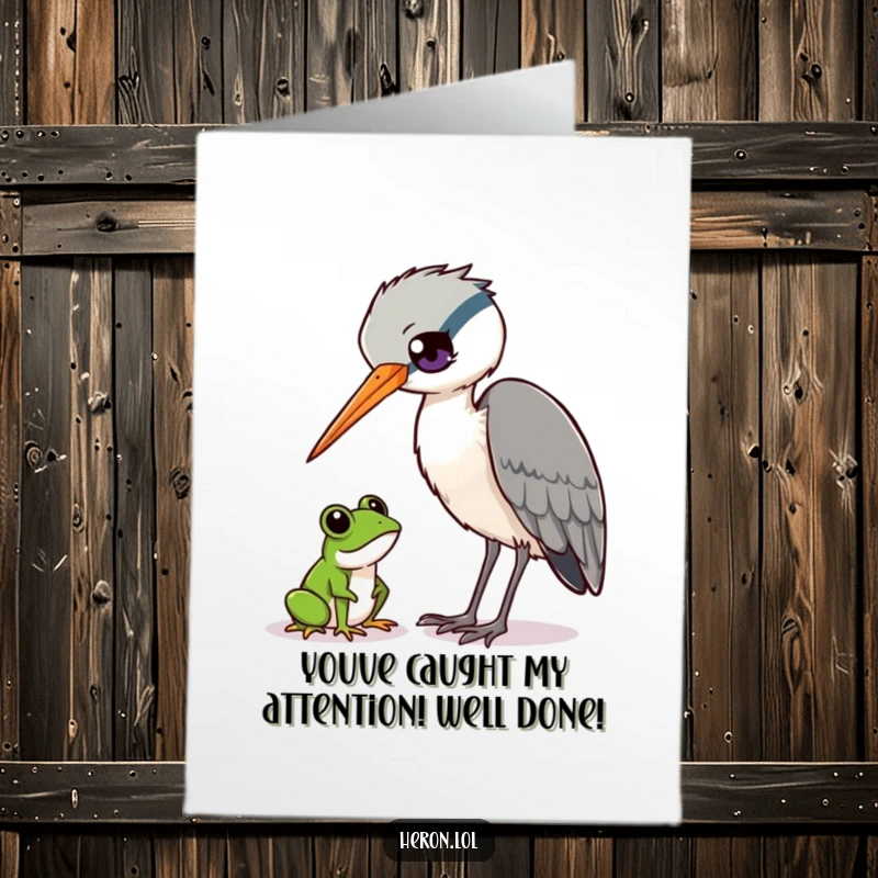 Funny Free Printable Congratulations Card featuring a curious heron bird watching a tiny frog, ideal for any achievement.