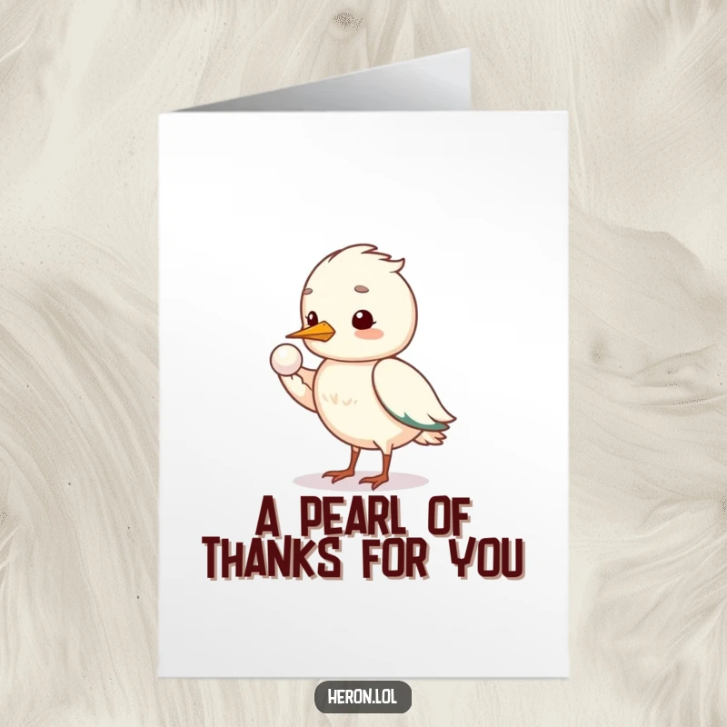 Gentle free printable heron thank you card, a shy heron offers a shining pearl with its wing.