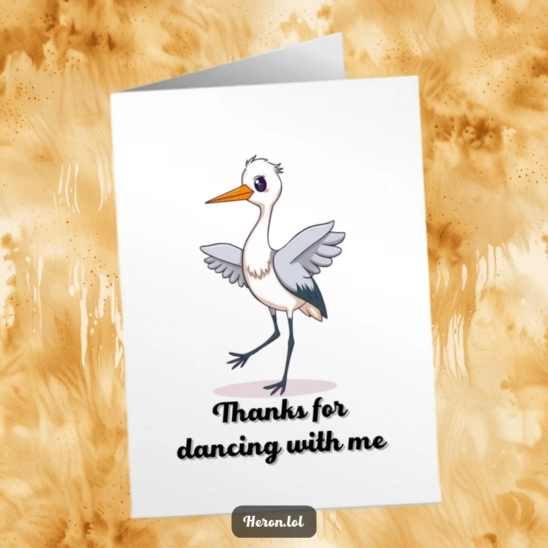 Funny free printable thank you card of a heron doing a silly, ecstatic tiptoe dance, expressing thanks.