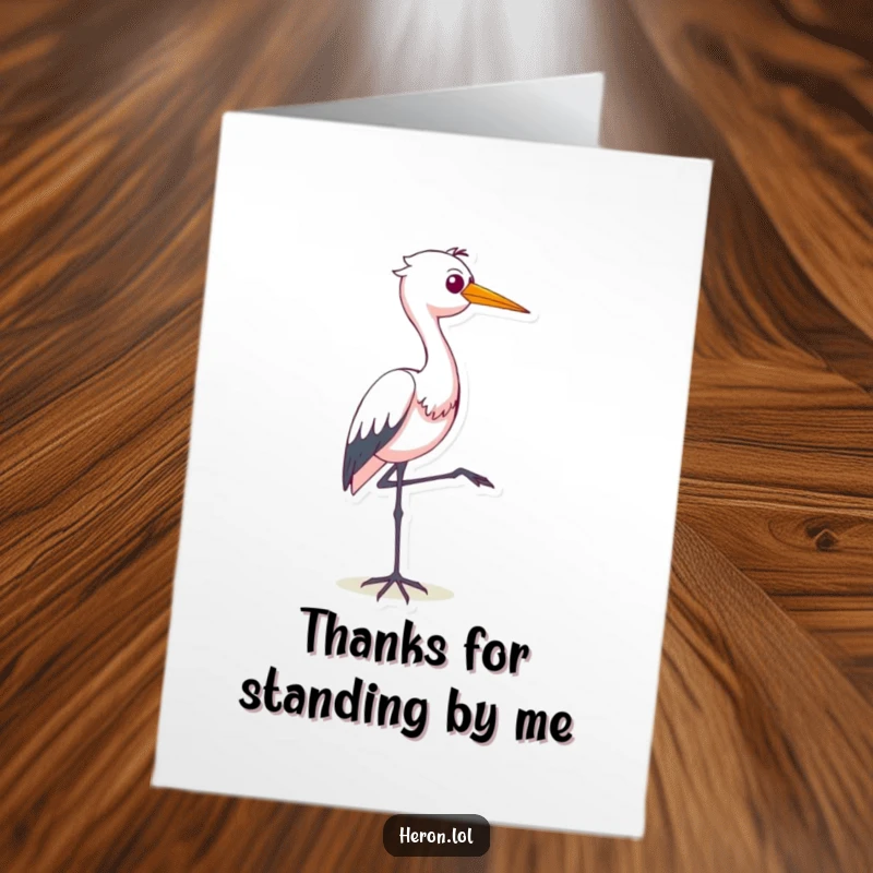 Funny Free Printable Heron Thank You Card: Smug bird striking a pose on one leg, expressing thanks.