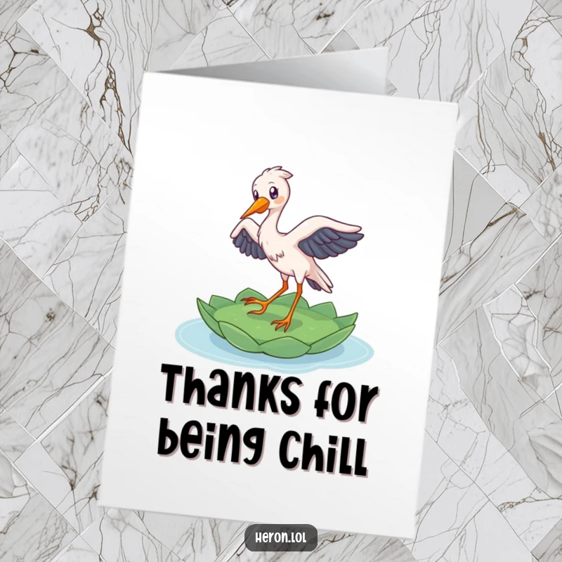 Funny free printable thank you card of a delighted heron bird gracefully landing on a lily pad, expressing thanks with natural humor.