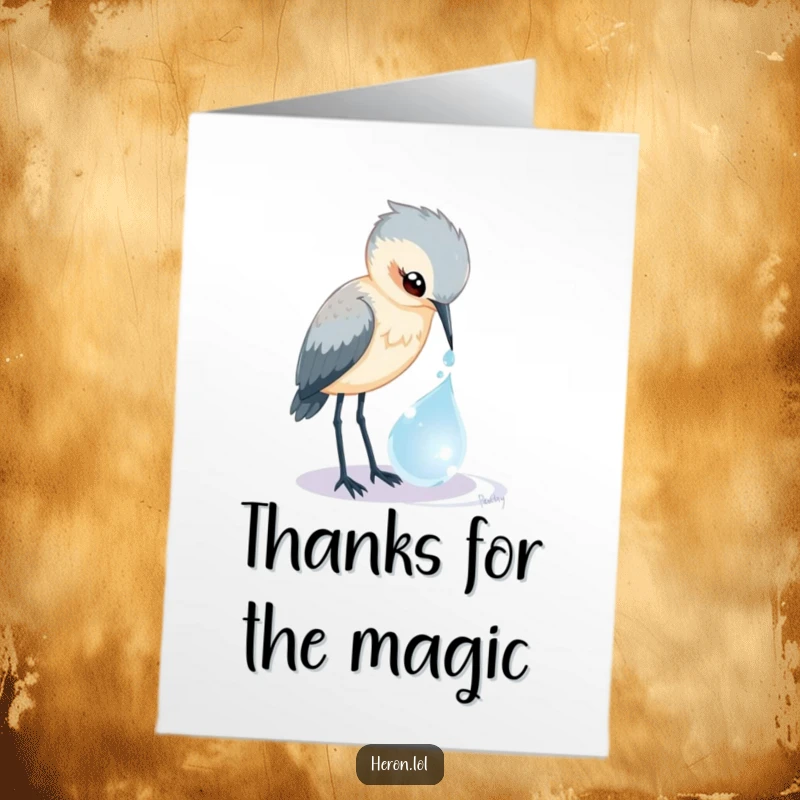 Funny free printable thank you card of a curious heron bird peering into a glistening, magical dewdrop, making your thanks sparkle with humor.