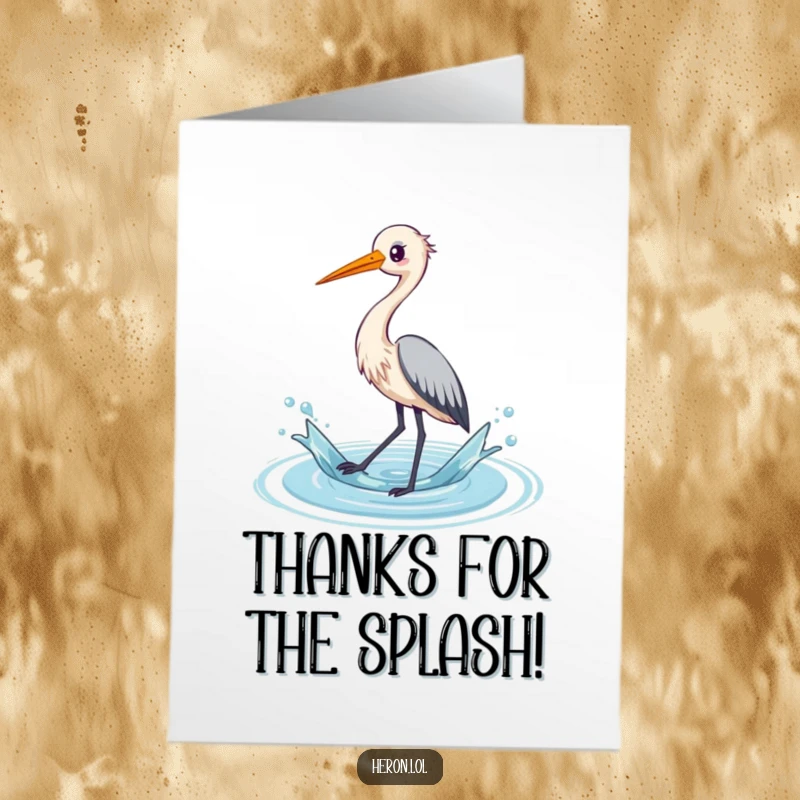 Funny Free Printable Thank You Card featuring a kawaii heron artistically splashing water to express gratitude with a chuckle.