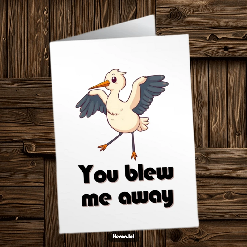 Funny Free Printable Thank You Card with a chubby heron flapping wings, generating a gentle breeze, a sweet downloadable thank you.