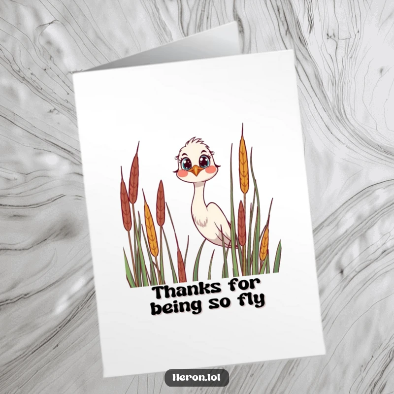 Funny Free Printable Thank You Card with a curious heron peeking over reeds, a charming downloadable expression of gratitude.