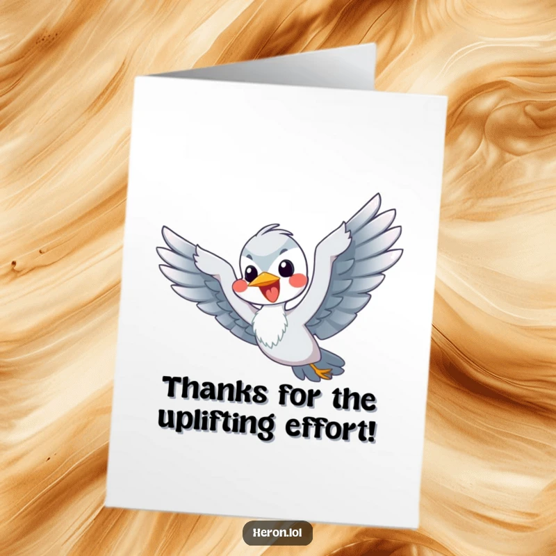 Funny Free Printable Thank You Card: A happy heron comically flapping flippers, attempting to fly with all its might.