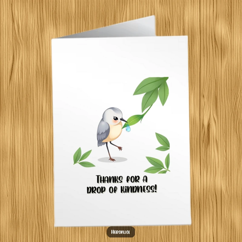 Funny Free Printable Thank You Card: A heron gently pecks at a single, sparkling dewdrop on a leaf.