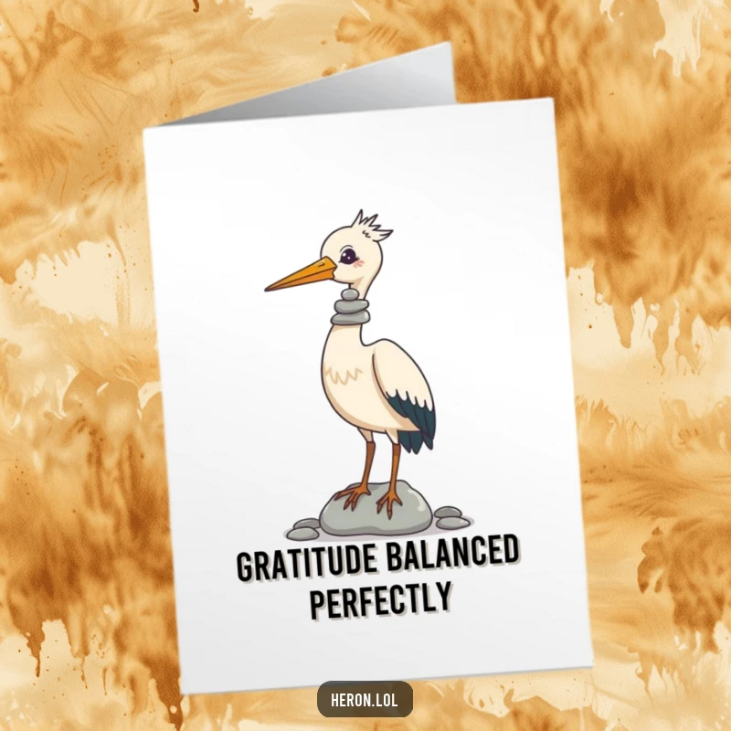 Funny Free Printable Thank You Card with a heron attempting to balance a tall stack of pebbles on its beak in thanks.