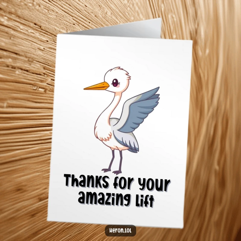 Funny Free Printable Thank You Card: A kawaii heron with a long neck playfully loops in the air. Adorable downloadable gift.