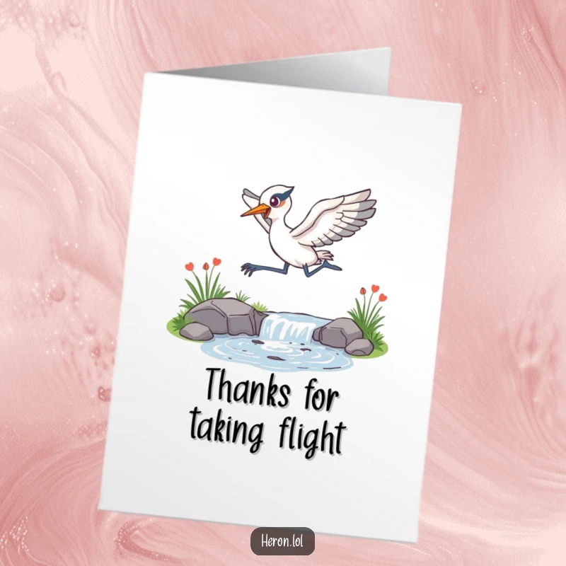 Funny Free Printable Thank You Card featuring an energetic heron leaping over a sparkling stream, a downloadable expression of thanks.