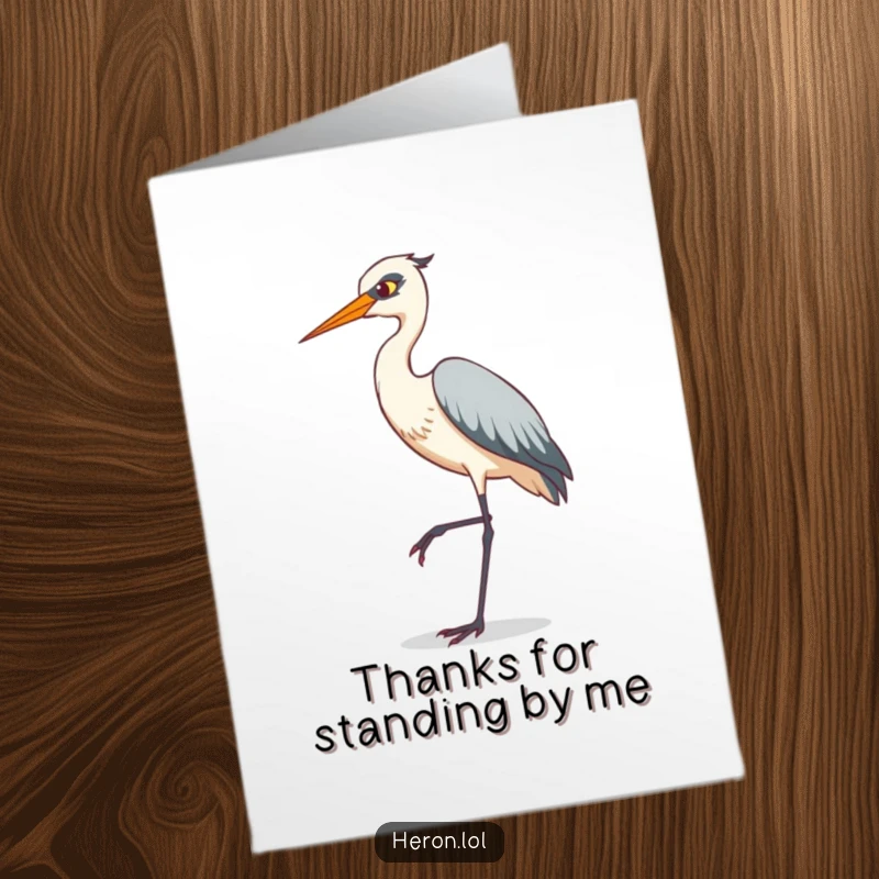 Funny Free Printable Thank You Card: A heron balancing comically on one leg, offering a funny thank you.