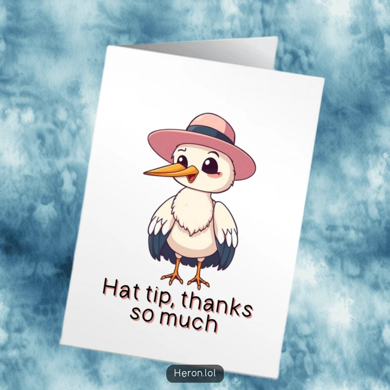 Funny Free Printable Thank You Card: Heron bird giggling and tipping its floppy hat to the viewer, a funny and sweet thank you.