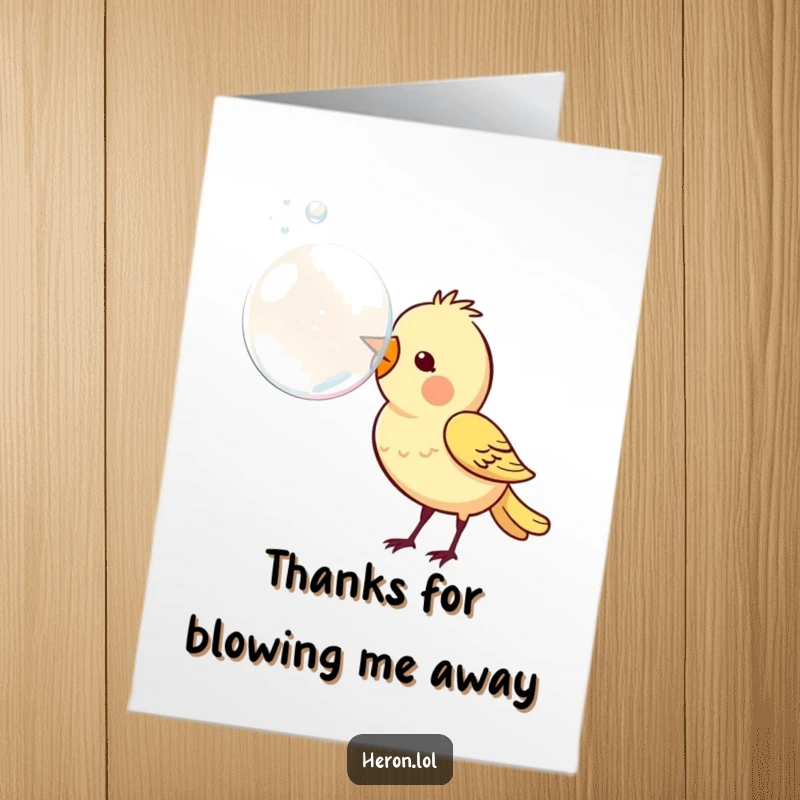 Funny free printable thank you card featuring a bird playfully blowing a large, shimmering bubble from its beak.