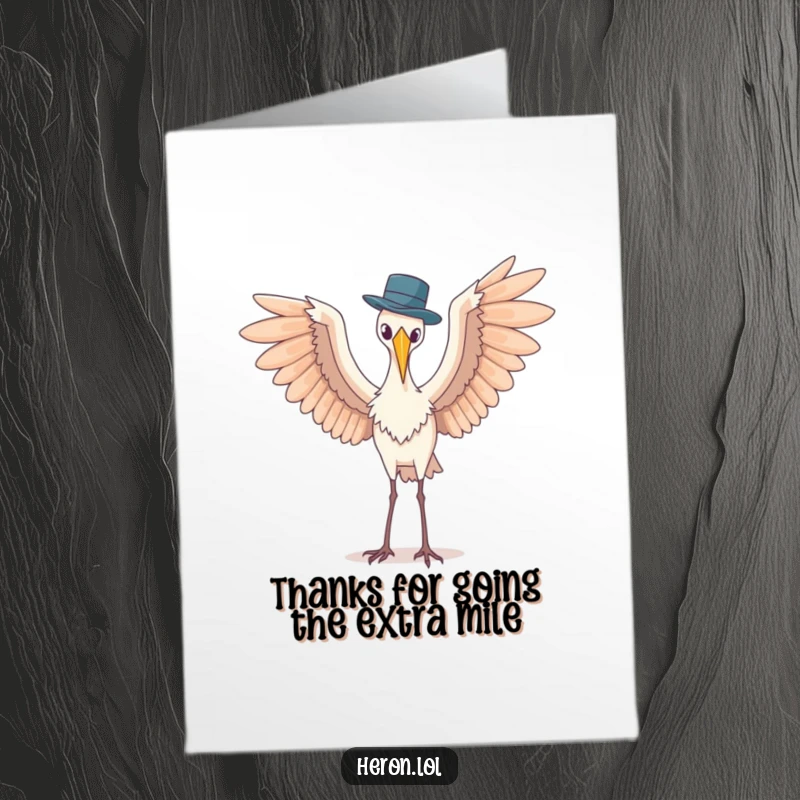 Funny Free Printable Thank You Card: Heron with wings spread wide awkwardly balances a tiny hat, sending thanks.